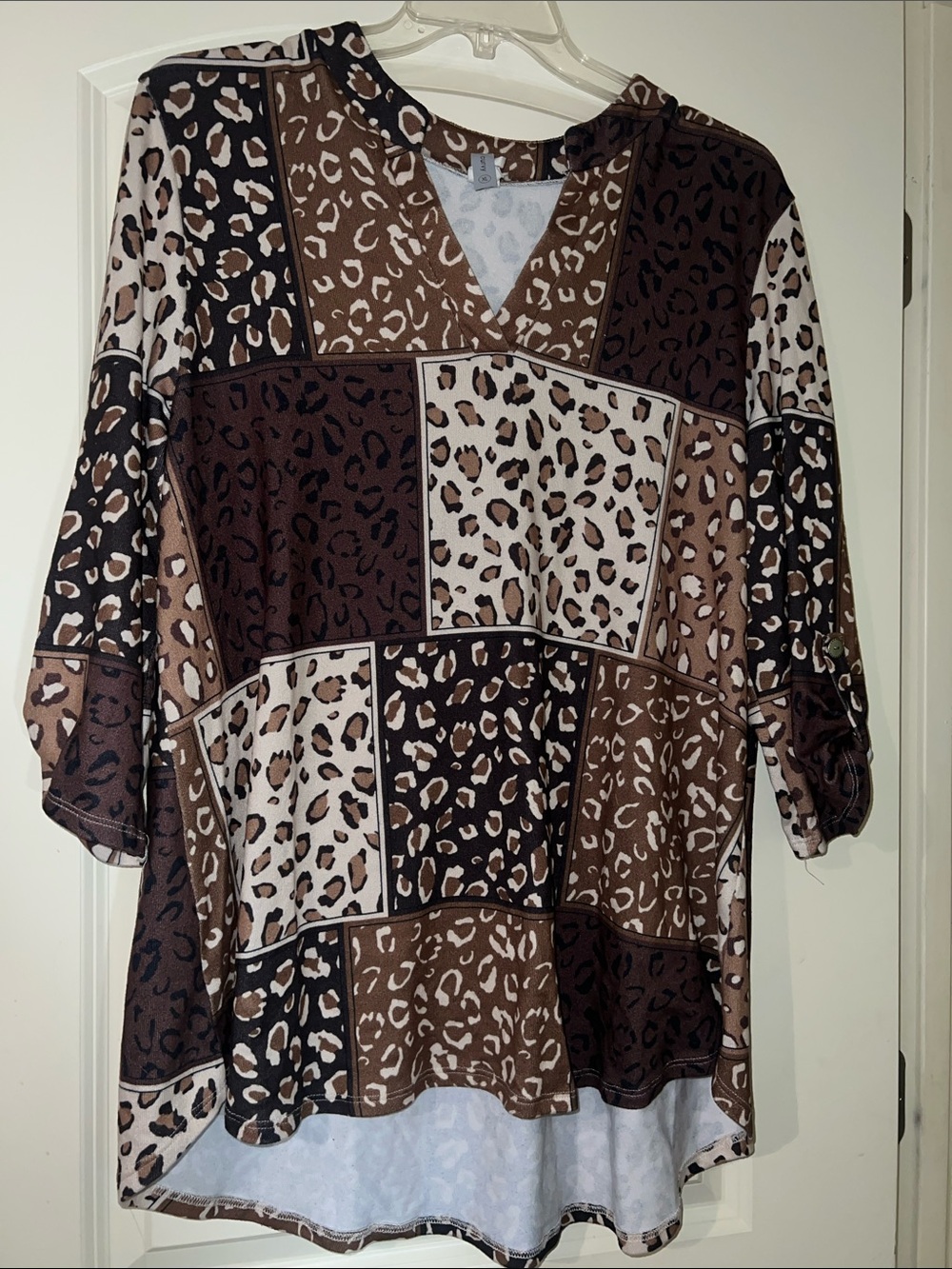 Relaxed Brown Leopard Patchwork V-Neck Tunic